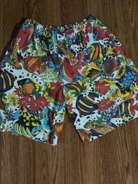 Vintage Lisa International Art Fish‎ Underwater Life Mosaic Shorts Sz L Cozy Y2k